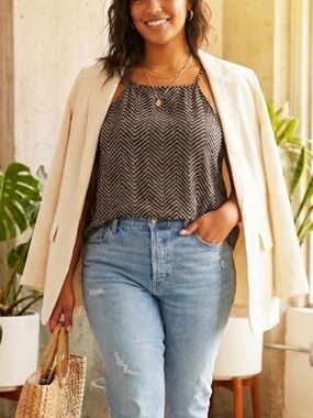 Old Navy XL Modal Chevron Relaxed High Neck Top Black White Blouse Modern Chic